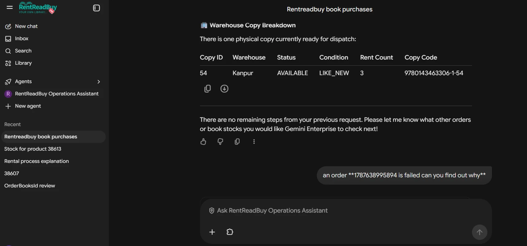 Live RentReadBuy operations evidence returned through the Gemini Enterprise assistant.