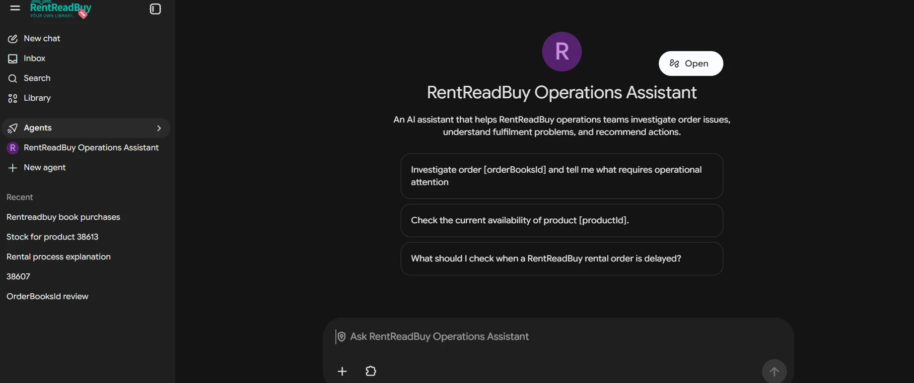 RentReadBuy Operations Assistant configured in Gemini Enterprise.