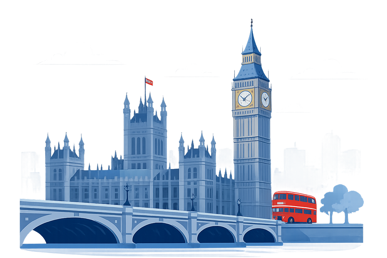 Illustration of Big Ben and the Houses of Parliament representing Primewayz UK digital support