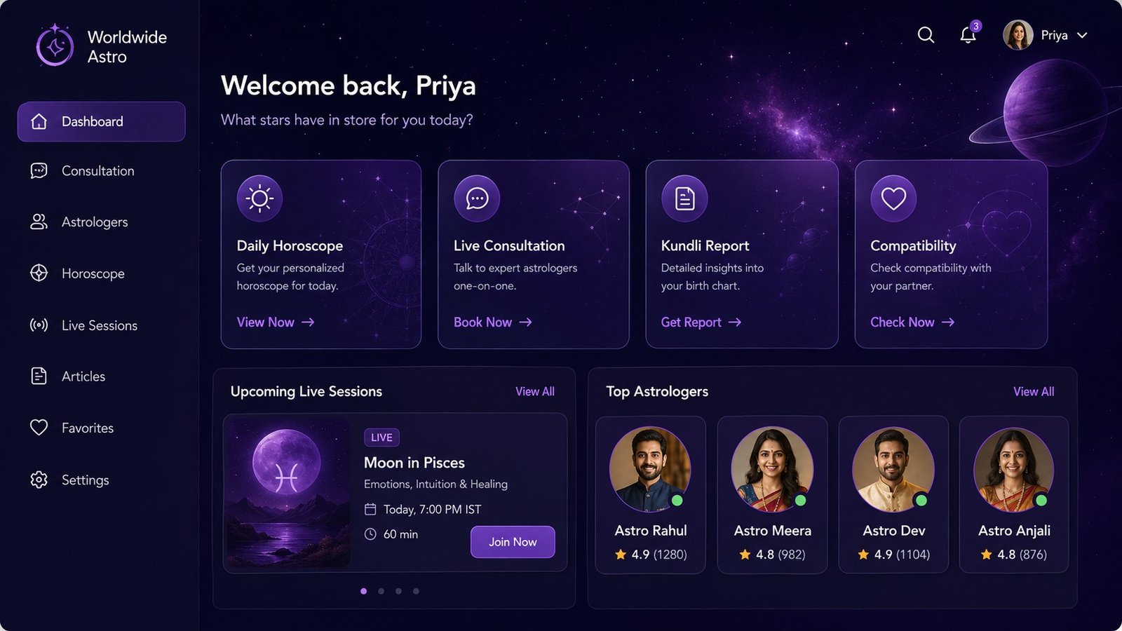 Worldwide Astro digital astrology consultation platform dashboard