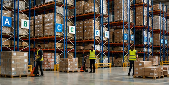Configured multi-location wholesale warehouse with labelled storage zones, pallet racking and fulfilment teams