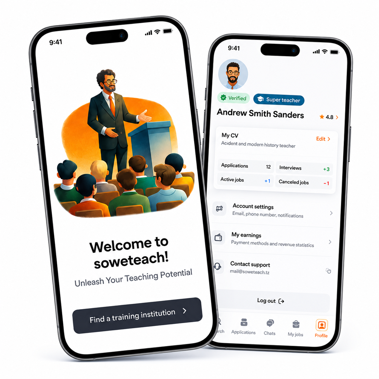 Soweteach mobile application displayed on two smartphones