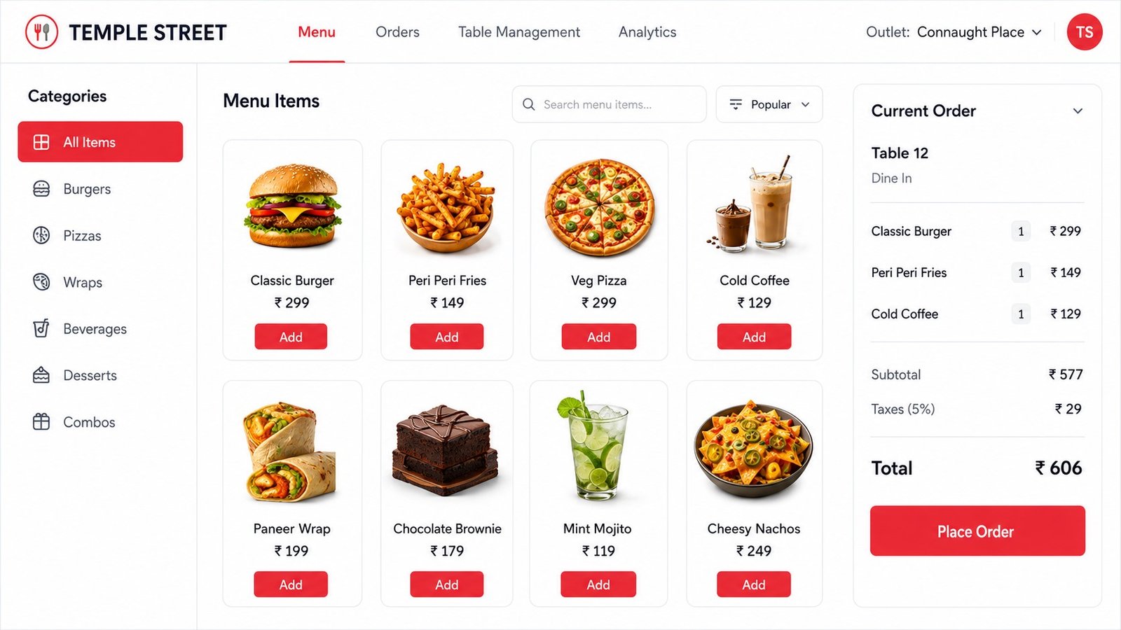 Temple Street restaurant menu and self-ordering dashboard