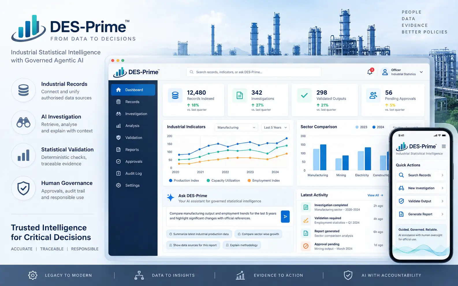 DES-Prime governed AI platform for industrial statistical intelligence
