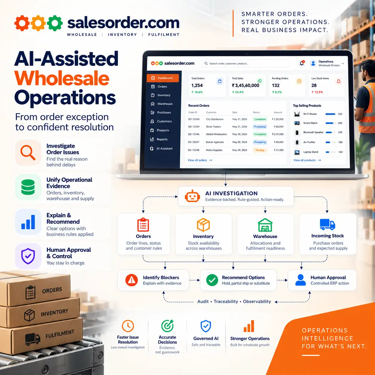 Salesorder AI-assisted wholesale operations workflow connecting orders, inventory, warehouse and incoming stock with evidence-backed investigation and human-approved ERP actions.