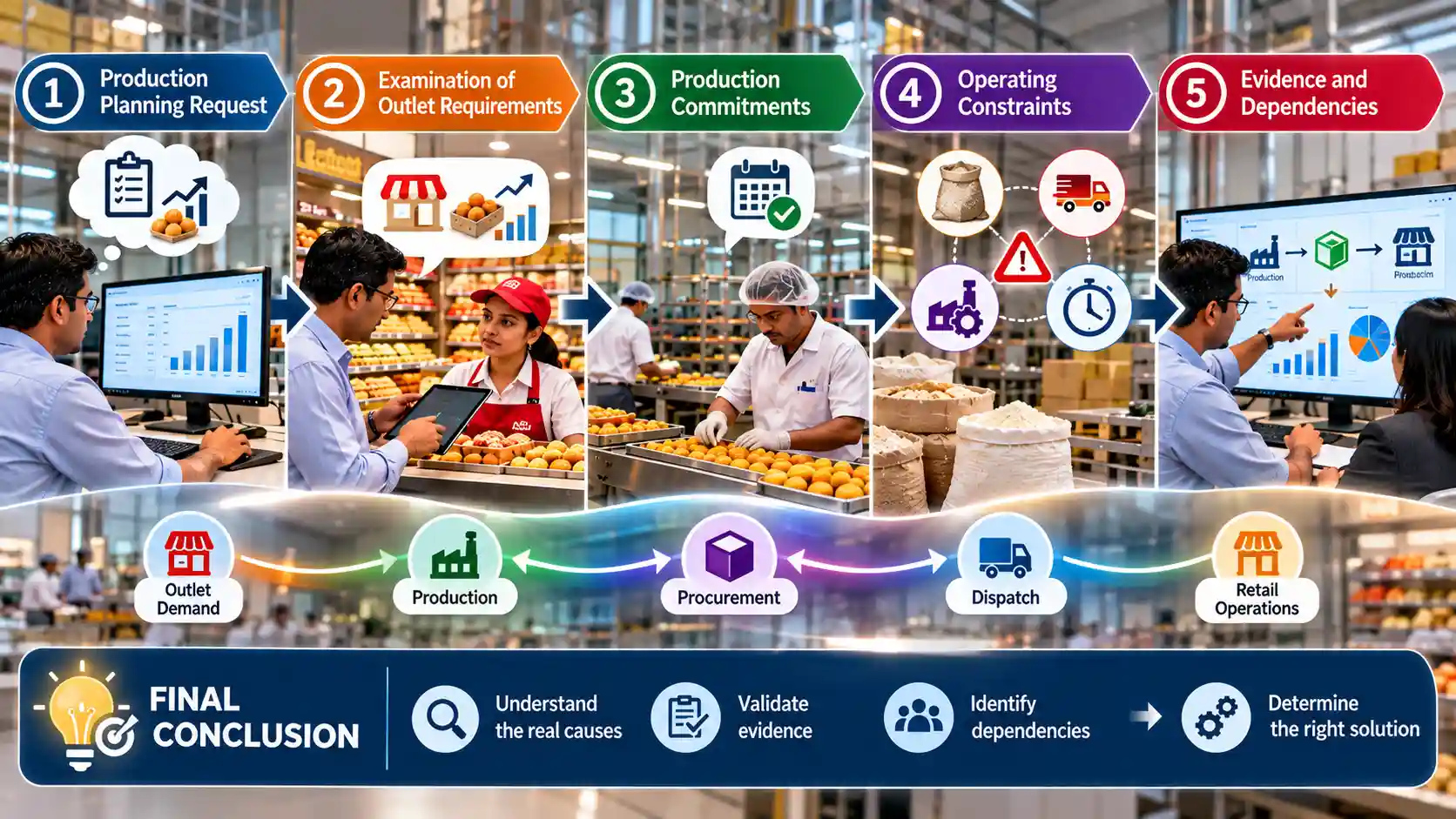 Confectionery supply chain operations flow illustrating the relationship between outlet demand, factory planning, production and distribution