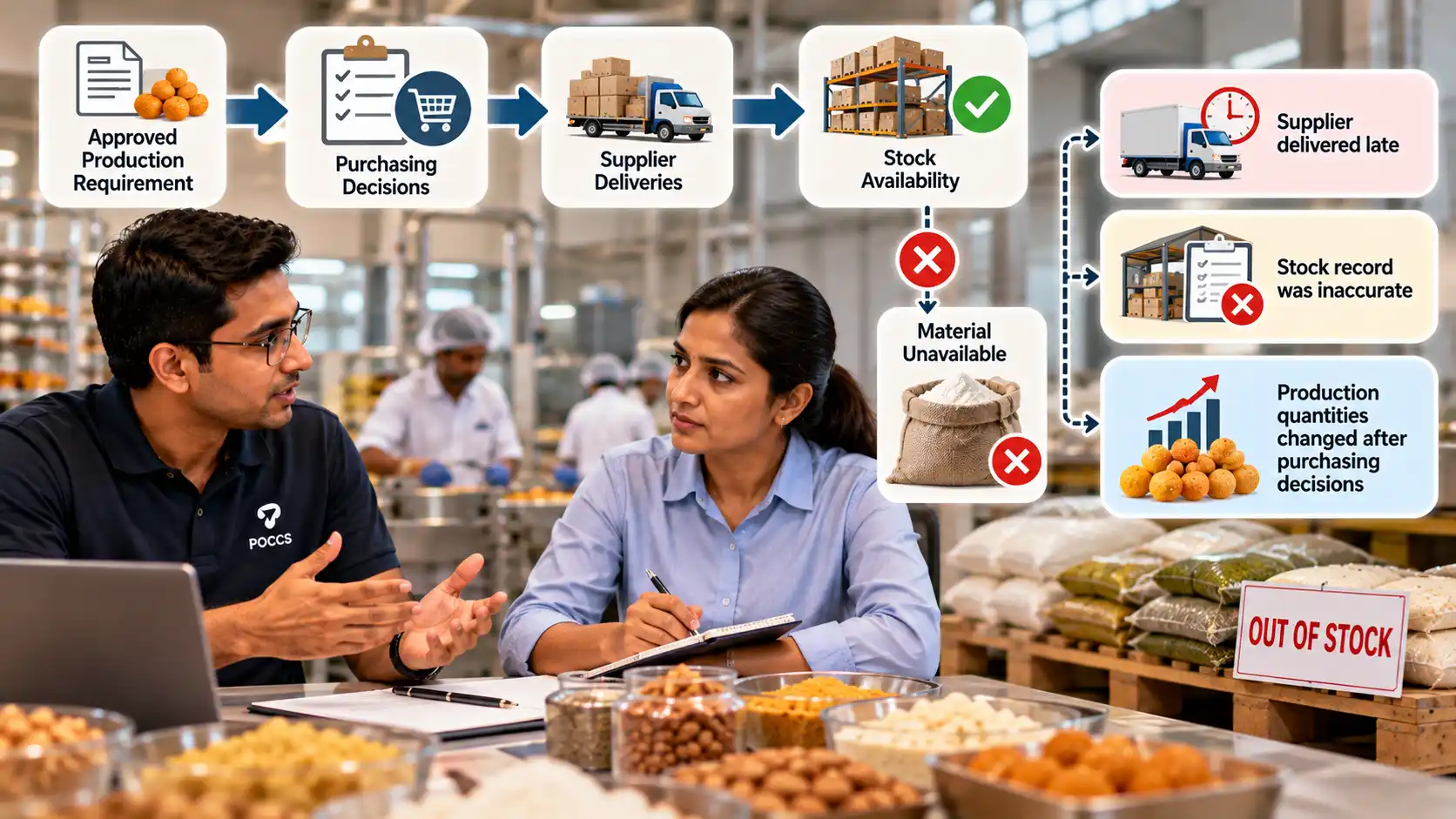 Procurement and warehouse stakeholders examining supplier delays, purchasing records, stock accuracy and material availability