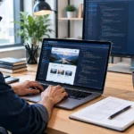 WordPress developer working on a custom website using code and design tools