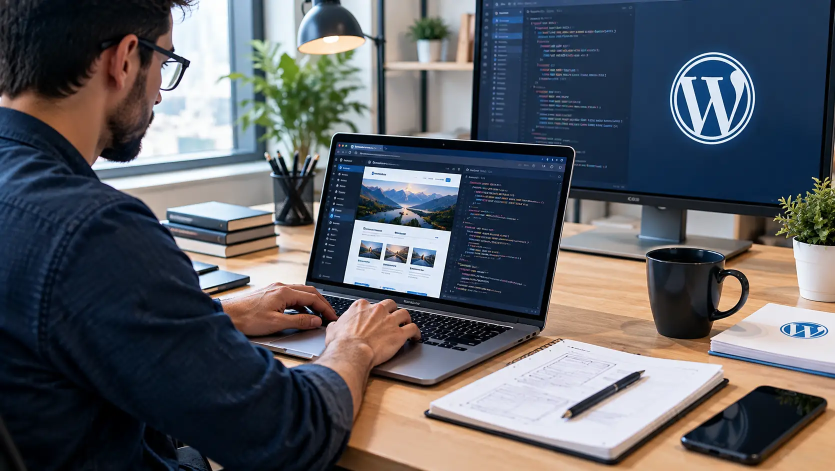 WordPress developer working on a custom website using code and design tools